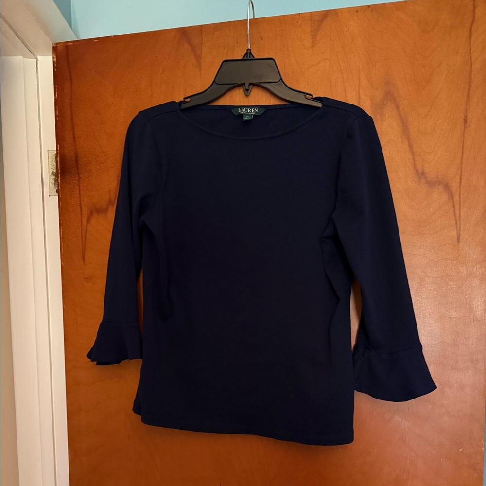 Lauren Ralph Lauren Womens Navy Blue Ruffle Sleeve Boat Neck Long Sleeve Top XL